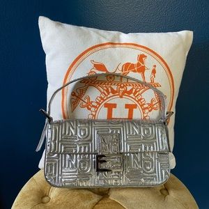 FENDI Silver Baguette Logo Embossed Bag